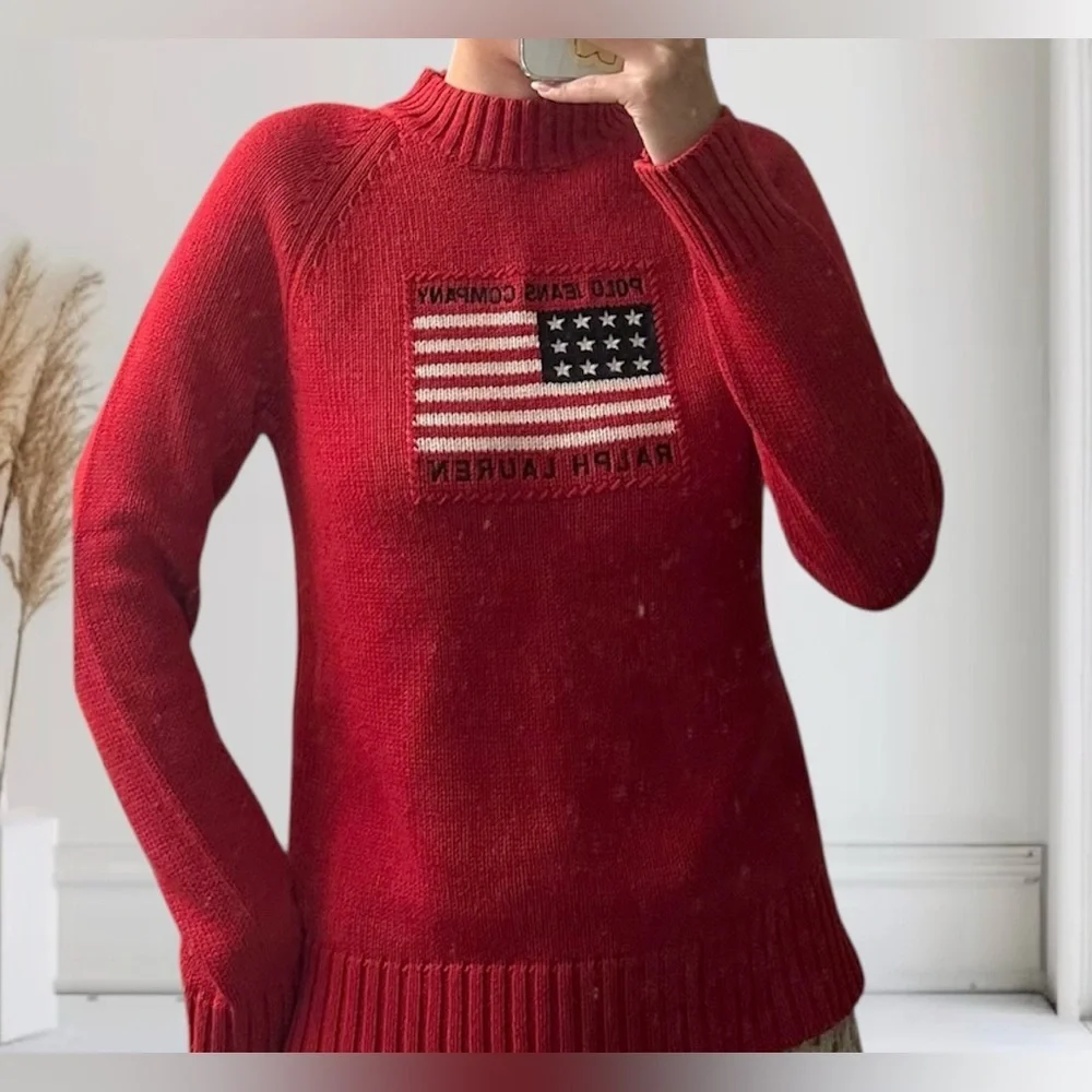 Vintage Polo Ralph Lauren American Flag Mock neck Sweater Knit - Red SMALL - Picture 7 of 7